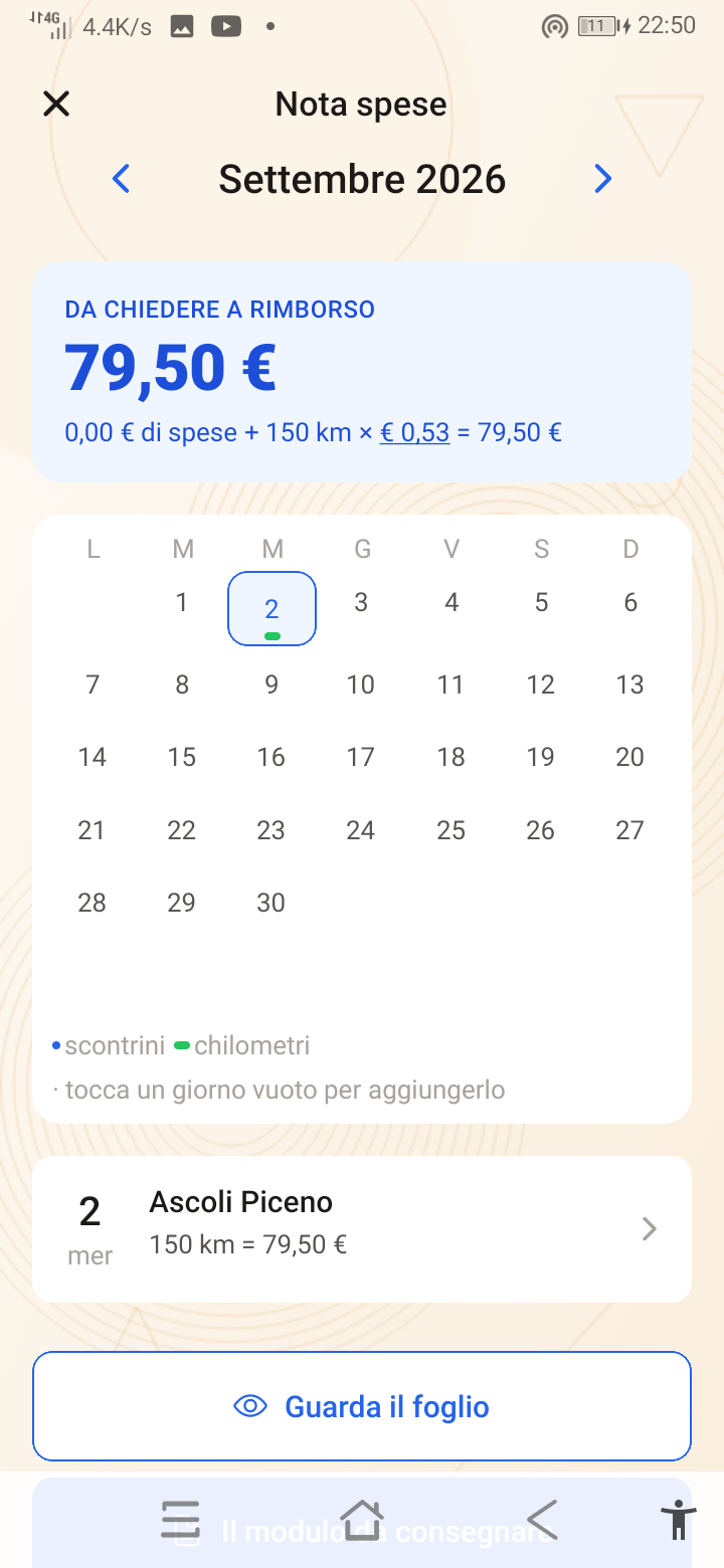 Il totale da chiedere a rimborso, calcolato da spese e chilometri, con il calendario del mese